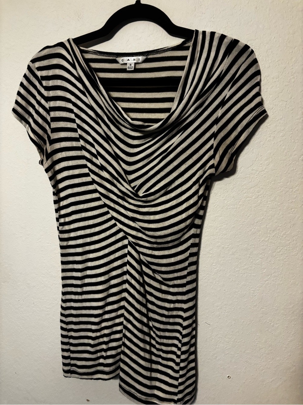 CAbi Stripe Cowl Neck Top Size Small Black Cream Style 312 Short Sleeve